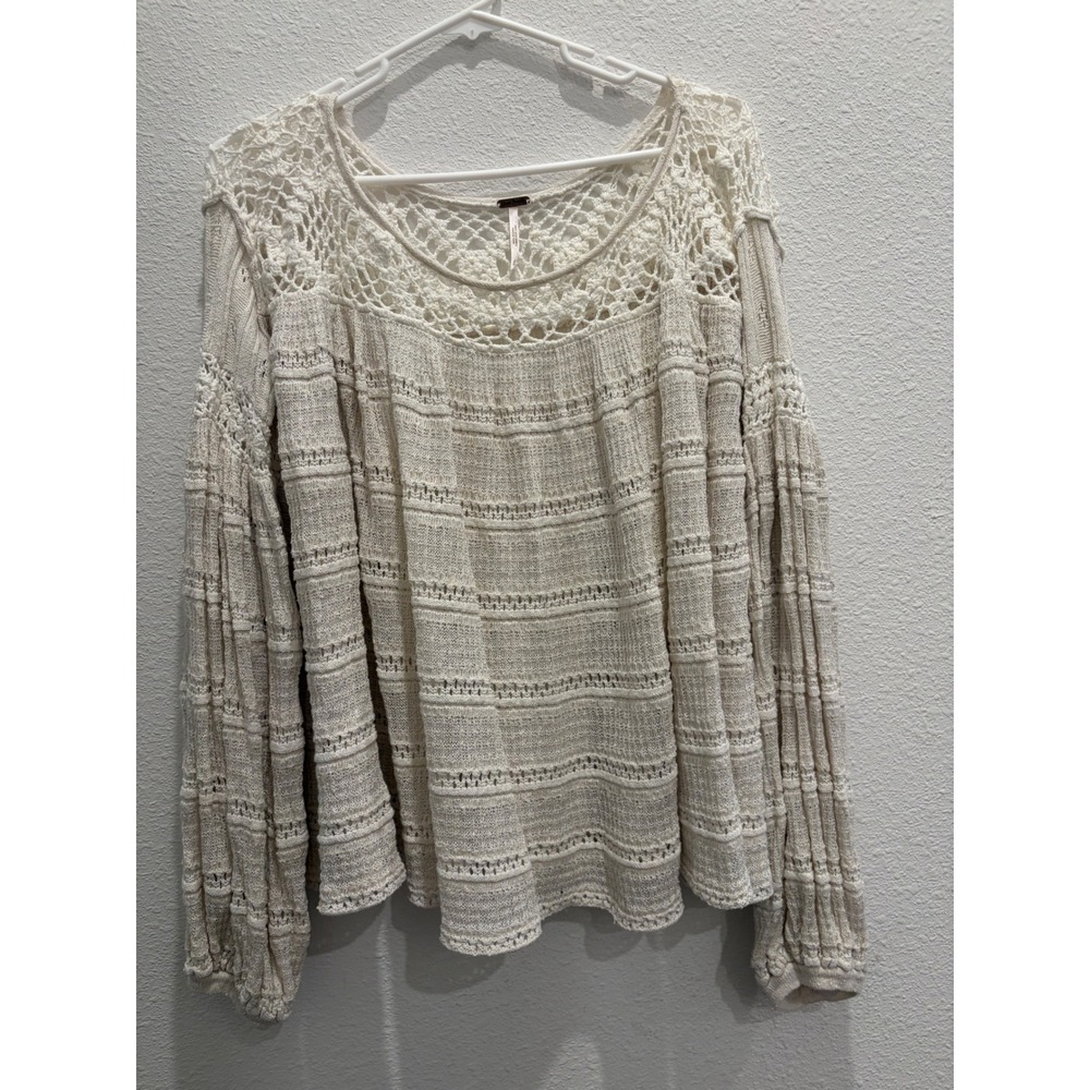 Free People Crochet Lace Yoke Sweater Womens XS Cream Ivory Boho Long Sleeve Top